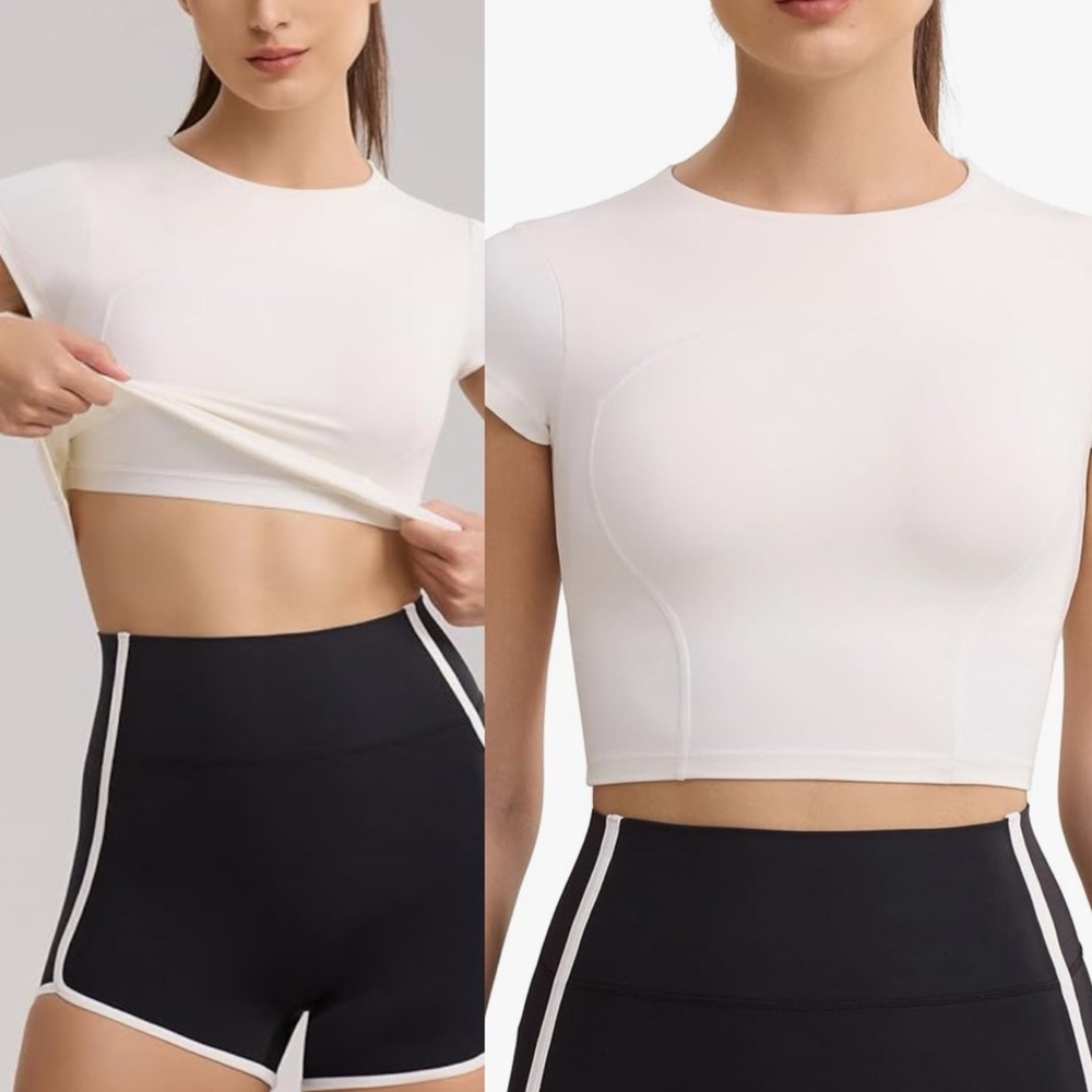 Enerbloom Built In Bra Cropped Athletic Short Sleeve Top XL Cream White
